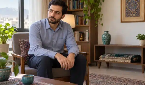 مرد ایرانی در فضای خانه، در حال تأمل؛ تصویر مفهومی مقاله وسواس مذهبی
